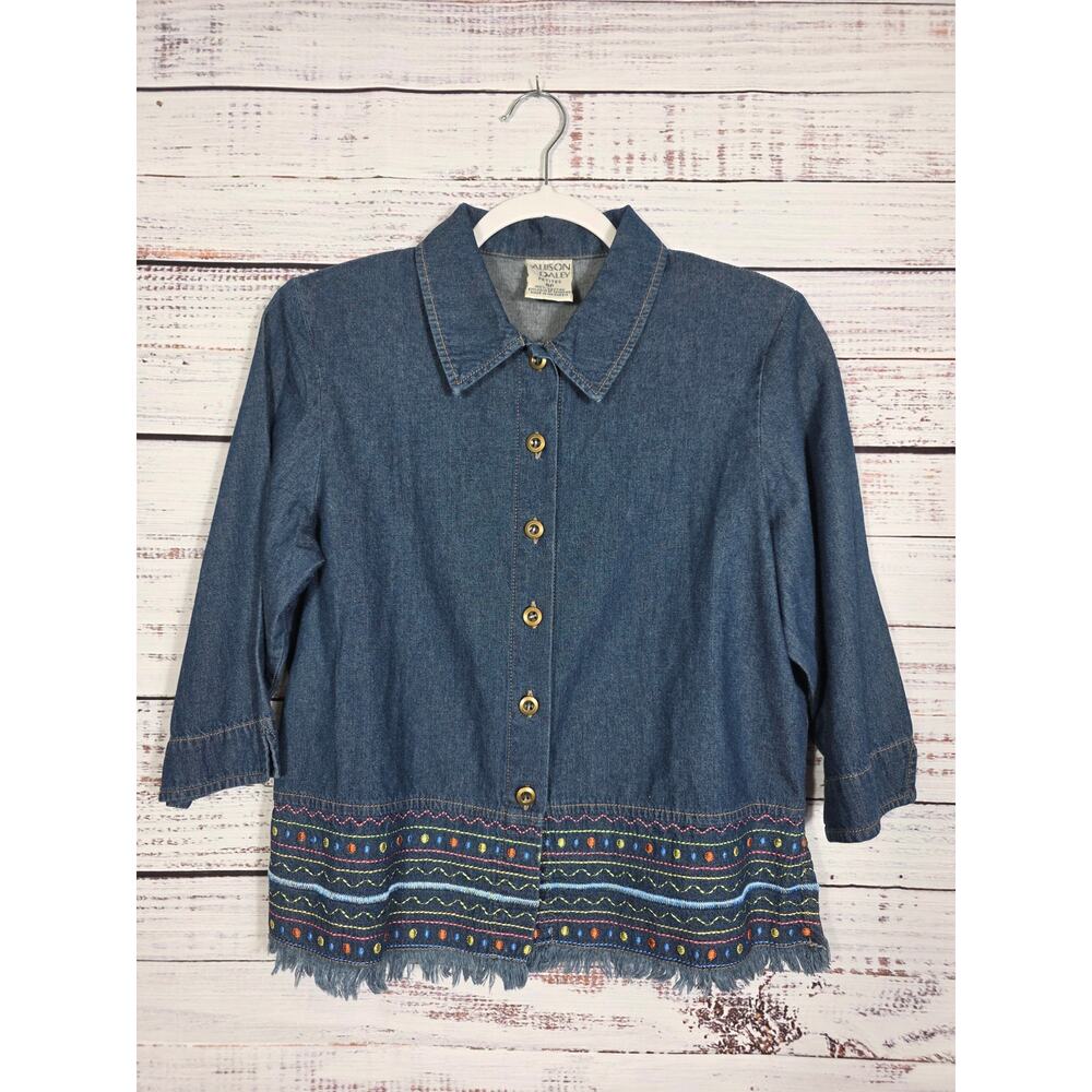 Allison Daley Petites Women's size 8P Blue Jean Denim Embroidered Fringe Top